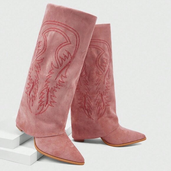 Pink Western Women's Pointed Toe Tall Chunky Heel Suede Fringe Boots - Picture 1 of 3